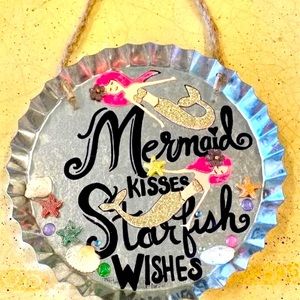 - 🧜‍♀️mermaid hand painted “mermaid kisses starfish wishes”tin wall hanging